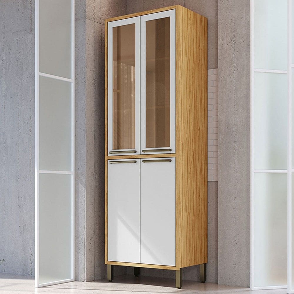 Paneleiro Syrah 4 Portas 4 Prateleiras com Vidro 100% Mdf Amêndoa/Branco - Rio Doce