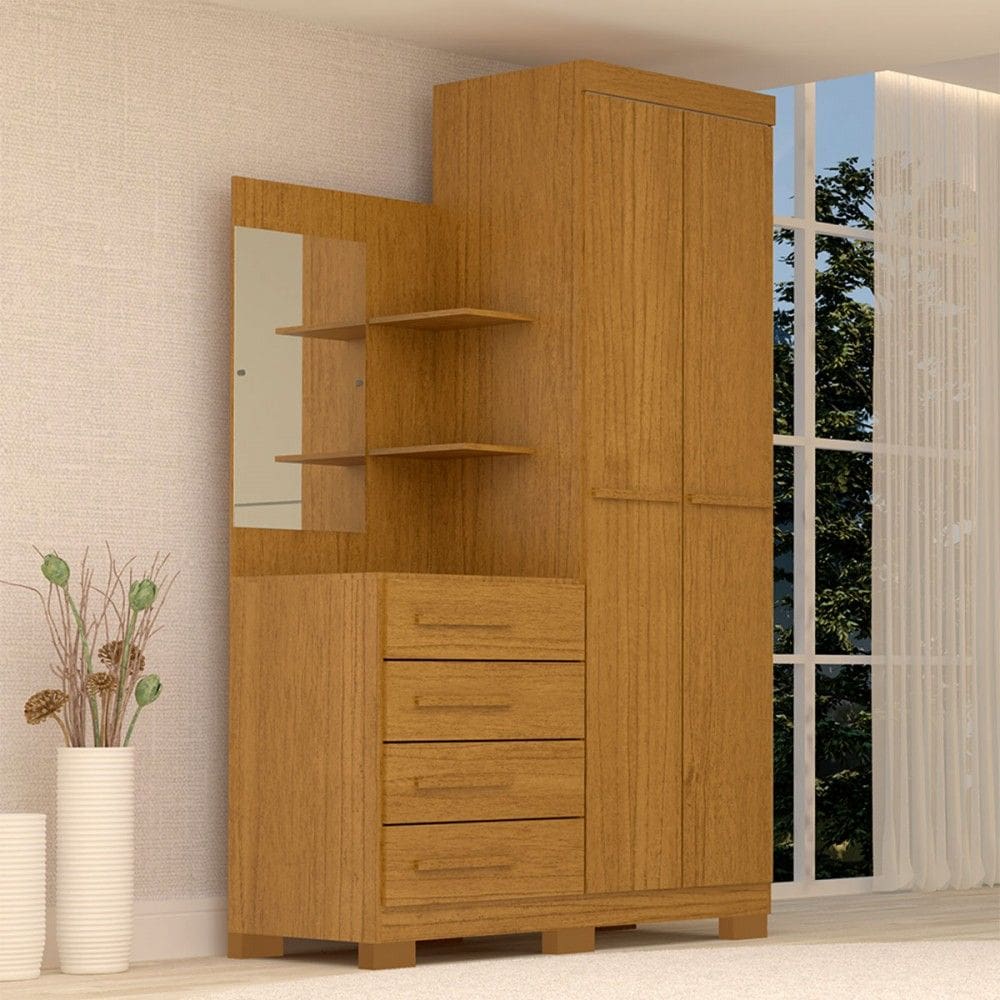Guarda-Roupa Solteiro Marromissa 2 Portas 4 Gavetas com Espelho 100% Mdf Cinamomo - Acp Móveis