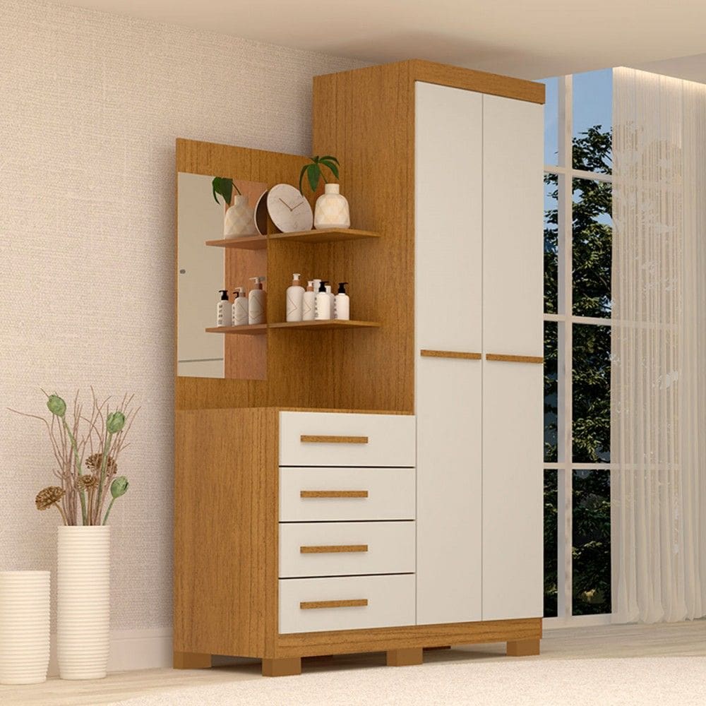 Guarda-Roupa Solteiro Marromissa 2 Portas 4 Gavetas com Espelho 100% Mdf Cinamomo/Off White - Acp Móveis