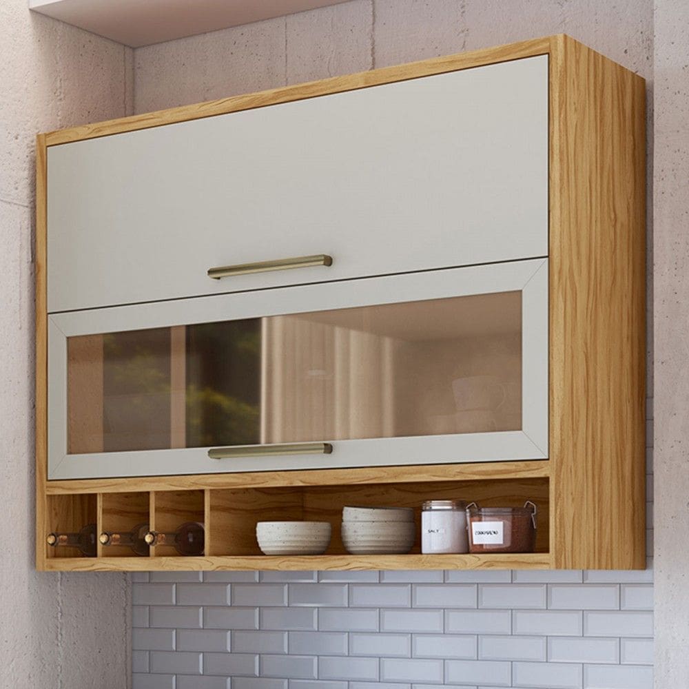 Armário Aéreo Cozinha 120 Cm Syrah 2 Portas com Vidro 100% Mdf Amêndoa/Off White - Rio Doce