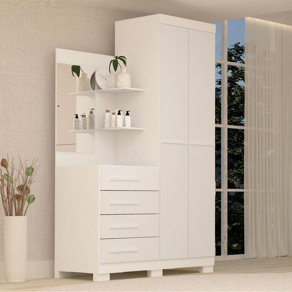 Guarda-Roupa Solteiro Marromissa 2 Portas 4 Gavetas com Espelho 100% Mdf Flex Branco - Acp Móveis