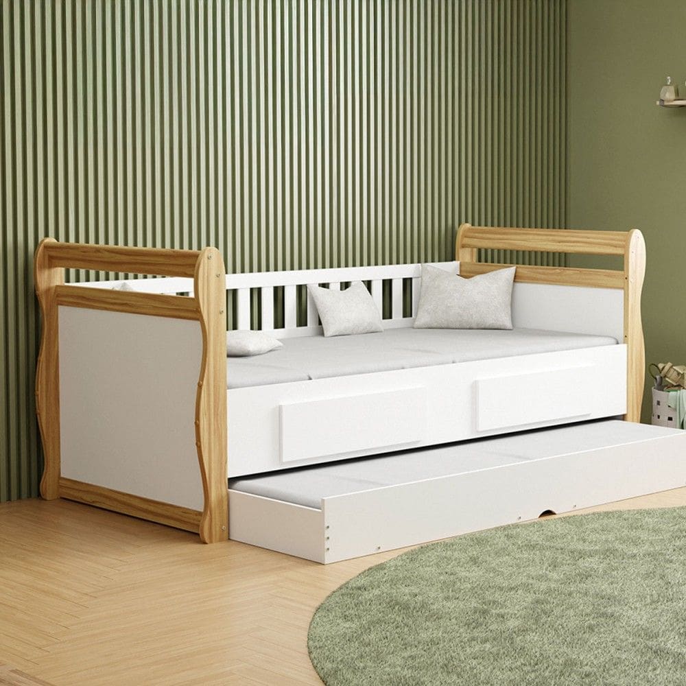 Cama Infantil Bicama Maria 2 Gavetas 100% Mdf Branco Brilho/Amêndoa - Móveis Peroba