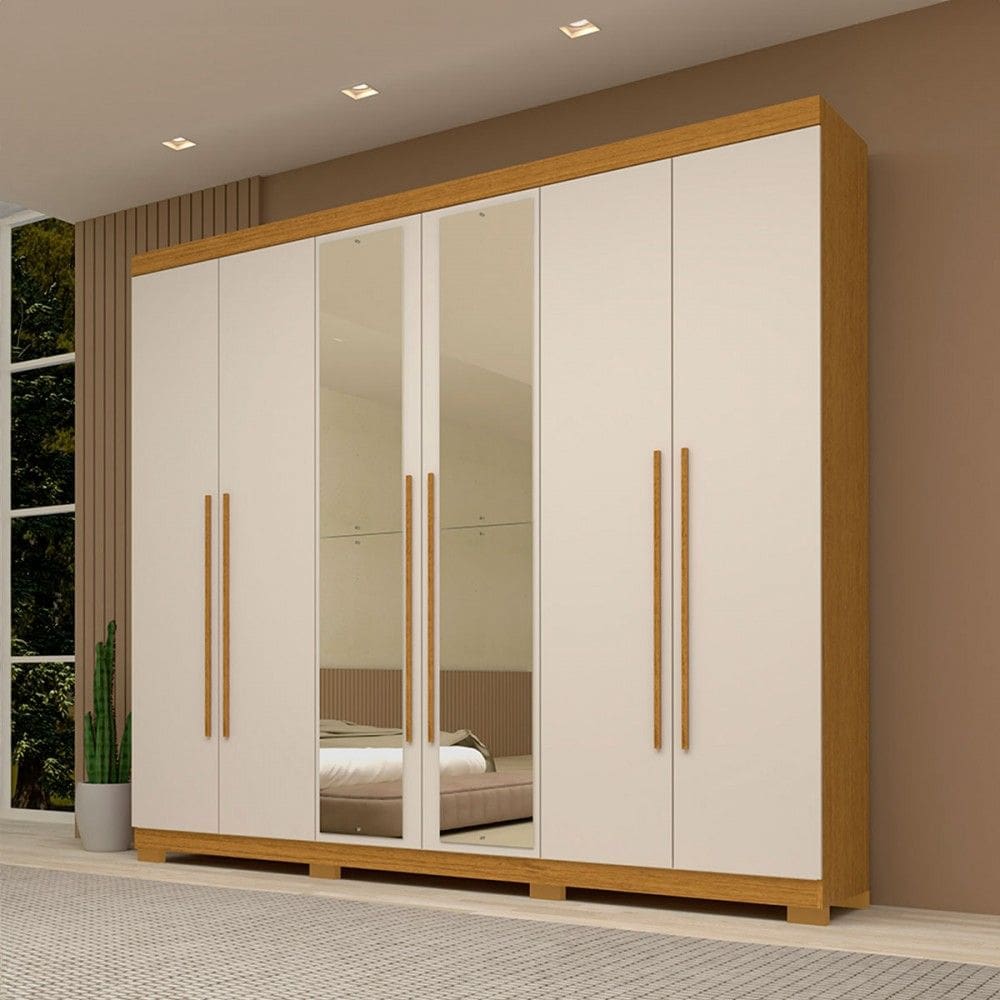 Guarda-Roupa Casal Nubia 6 Portas 4 Gavetas com Espelho 100% Mdf Cinamomo/Off White - Acp Móveis