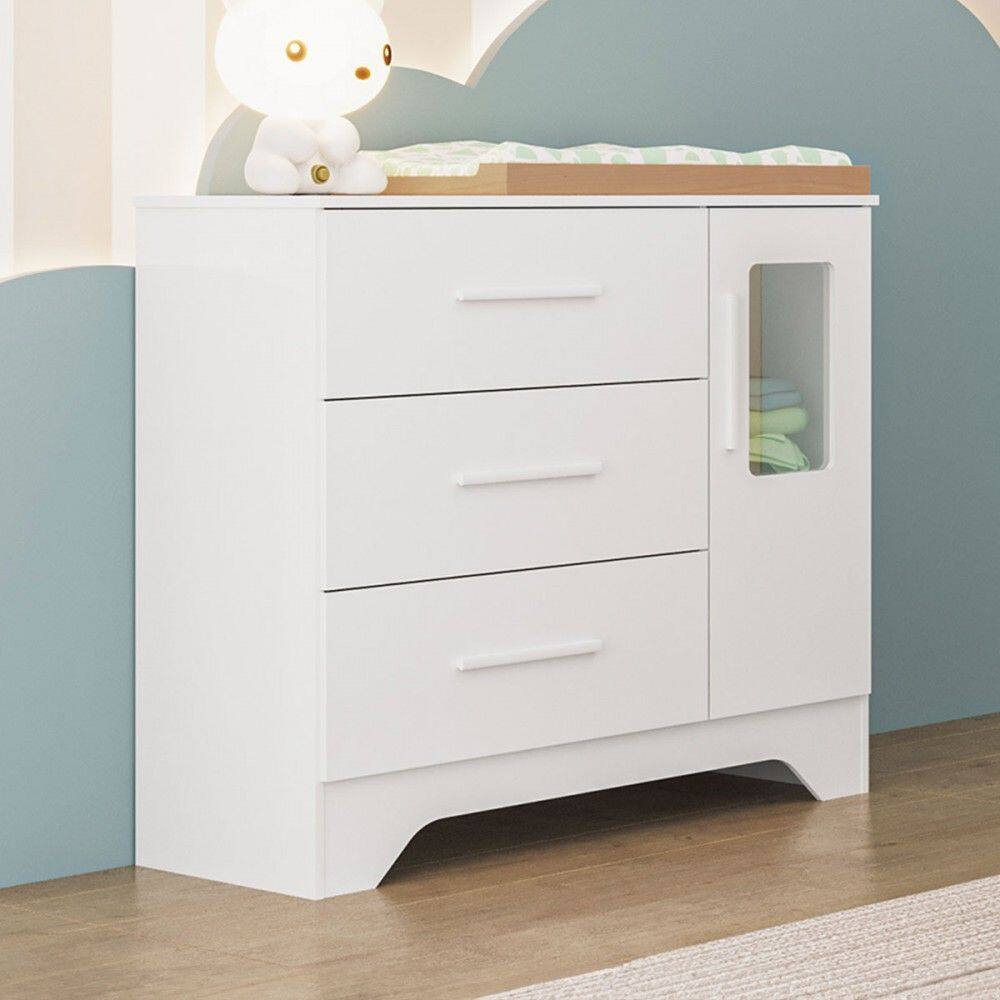 Cômoda Infantil Popy 1 Porta 3 Gavetas 100% Mdf Branco Brilho - Móveis Peroba