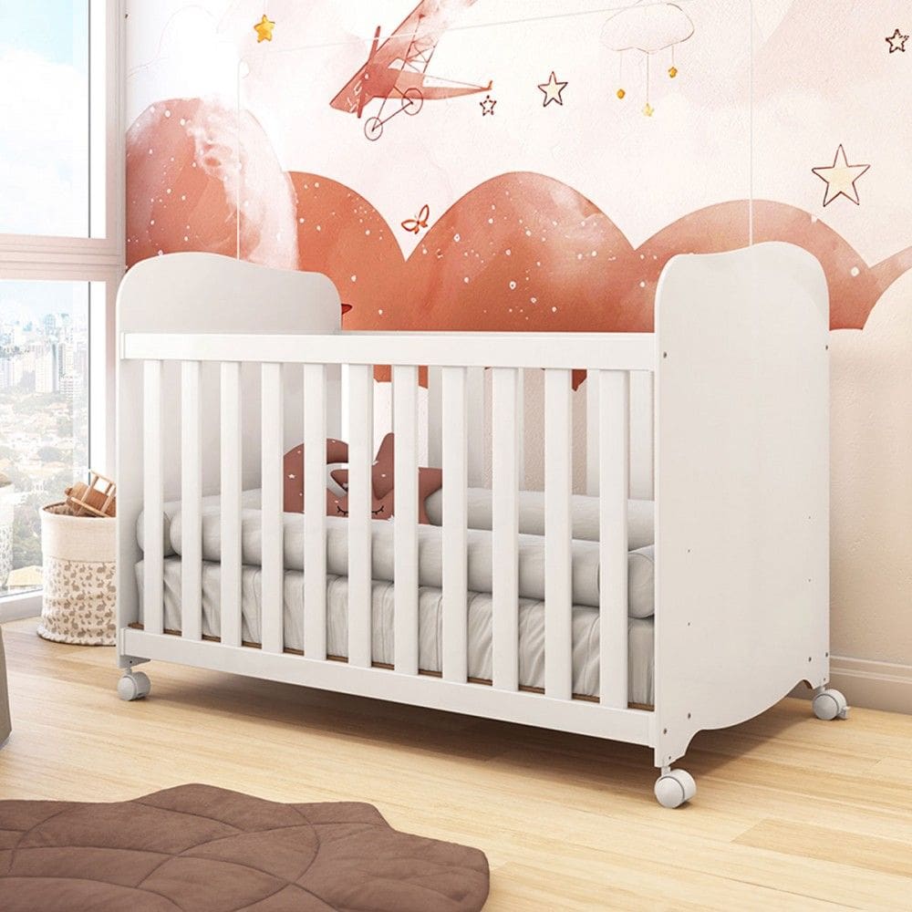 Berço Americano Uli com Rodízios 100% Mdf Branco Brilho - Móveis Peroba