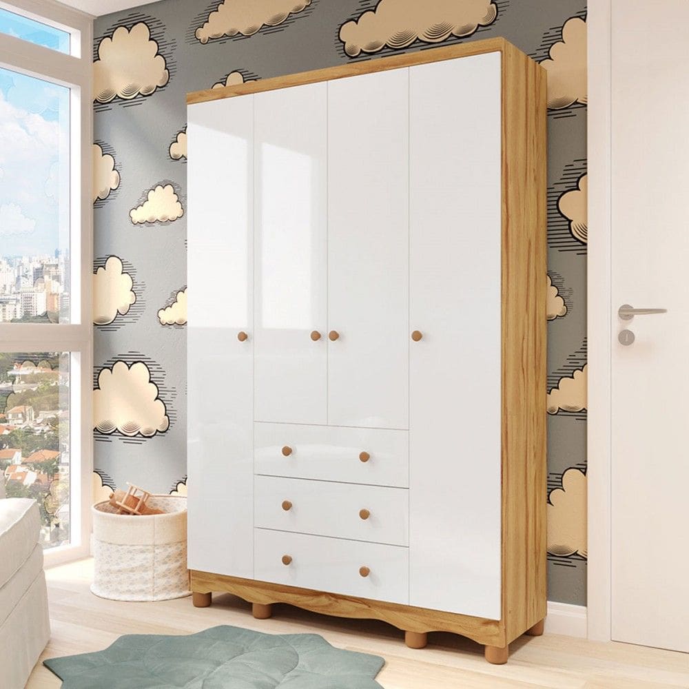 Guarda-Roupa de Bebê Júnior New 4 Portas 3 Gavetas 100% Mdf Branco Brilho/Amêndoa - Móveis Peroba
