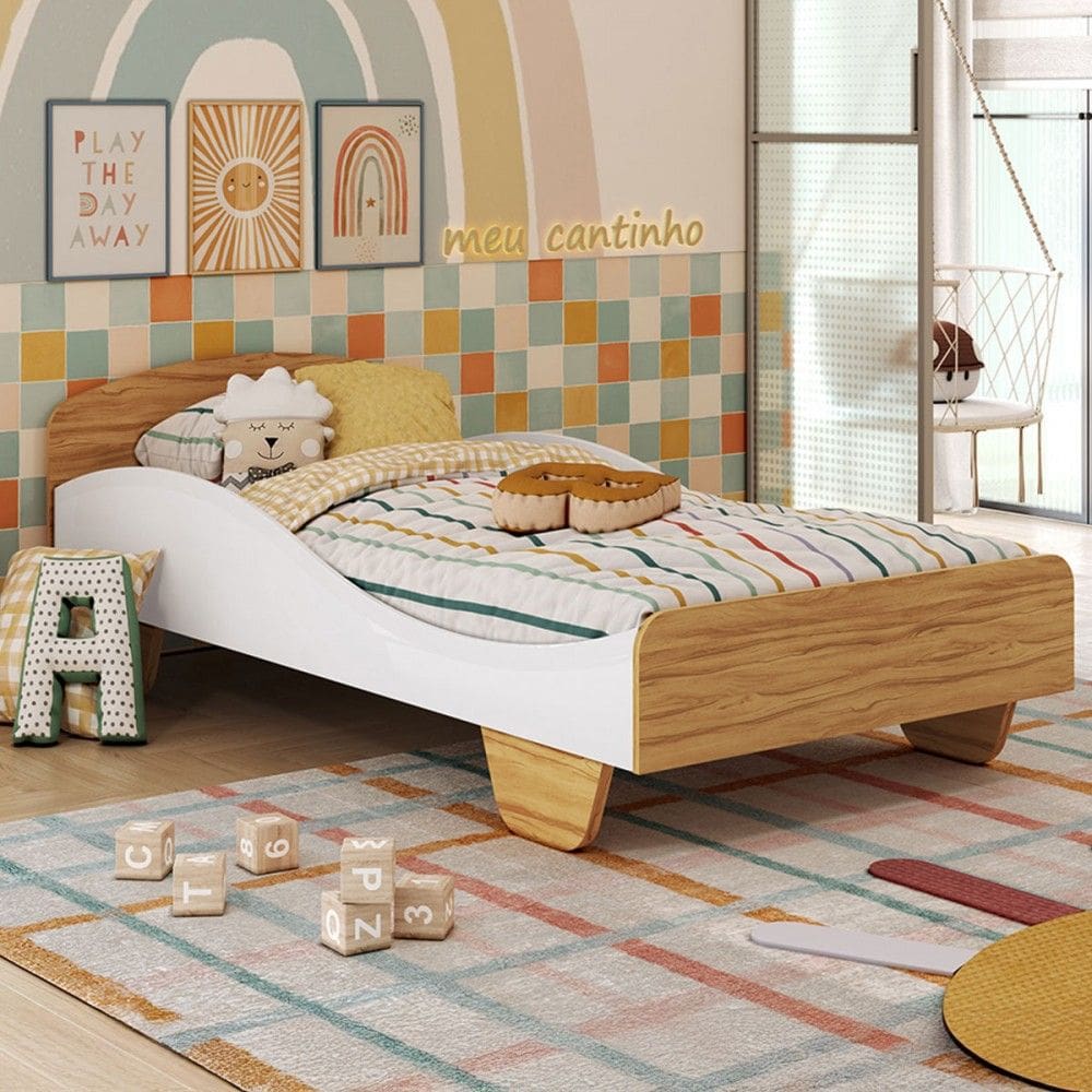 Cama Infantil Sol 100% Mdf Branco Brilho/Amêndoa - Móveis Peroba