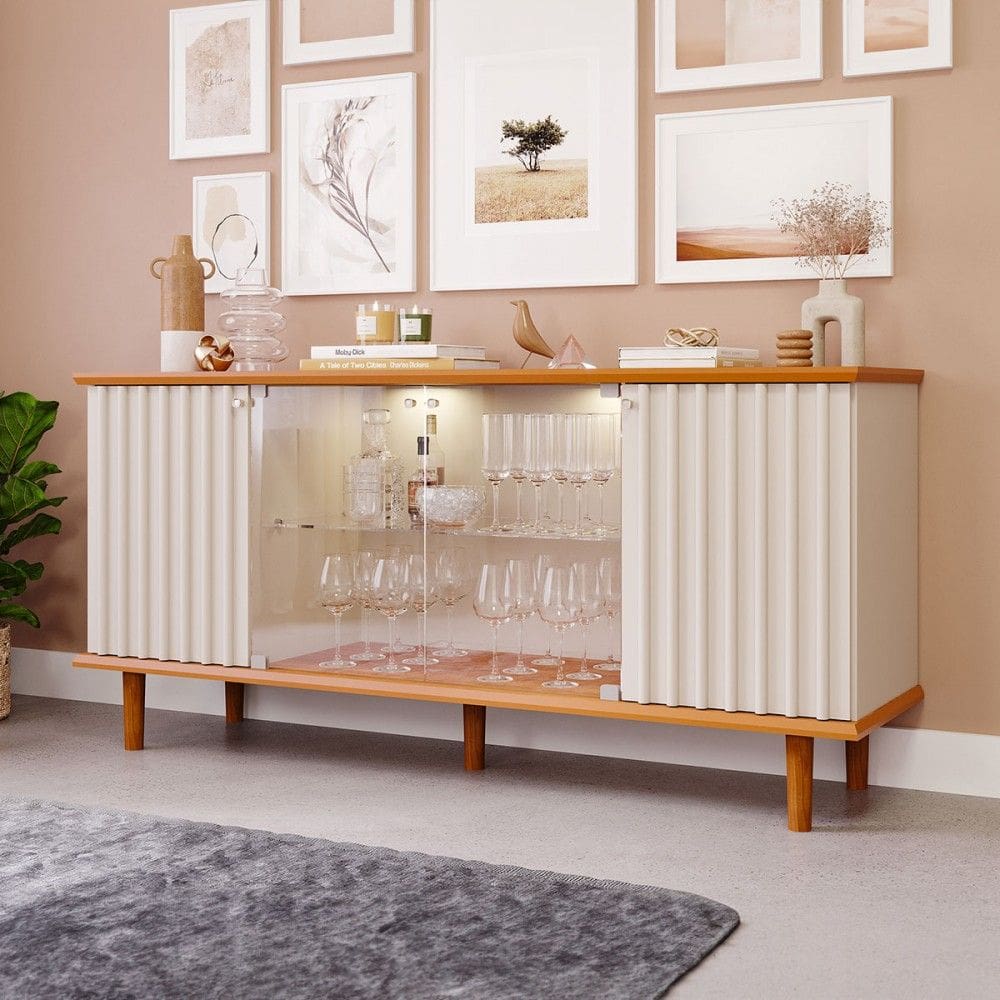 Balcão Buffet Janice 4 Portas com Vidro Ripado Cinamomo/Off White - Cimol