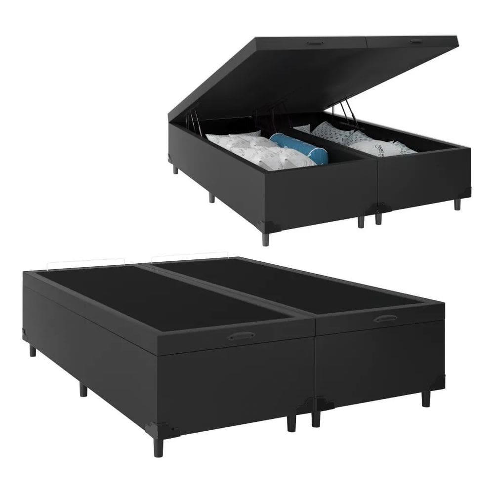 Cama Box Bau Bipartido Casal Preto Sintetico Premium 47x138x188 - FA Elegante