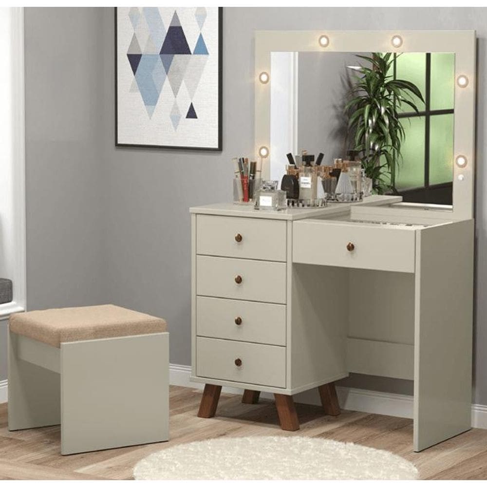 Penteadeira Camarim 05 Gavetas Off White com Banqueta - Patrimar