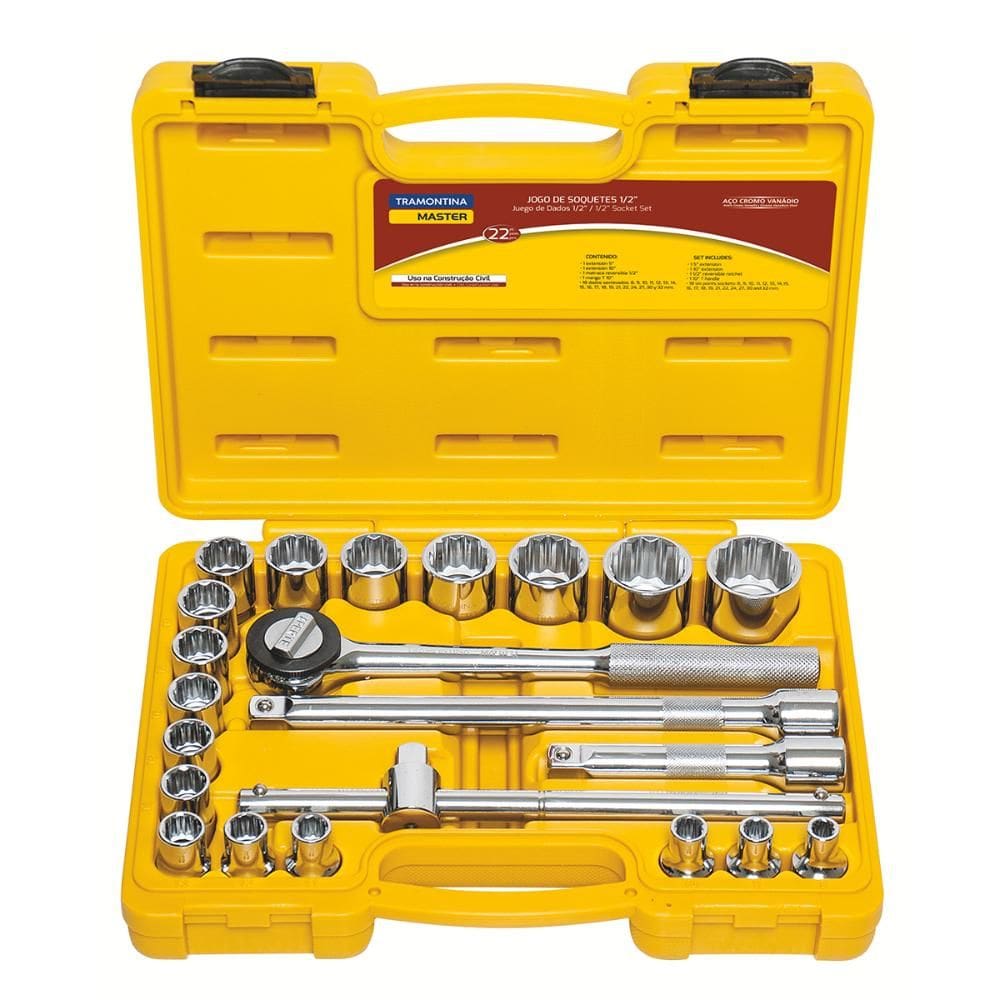 Jogo de Soquetes Estriados Master Aço Cromo Acabamento Cromado Maleta 22 Peças - Tramontina 43600022
