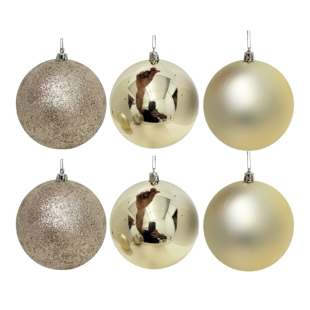 Conjunto 6 Bolas de Natal Champanhe Prime Texturas Mistas 10cm Glitter, Brilho e Fosca