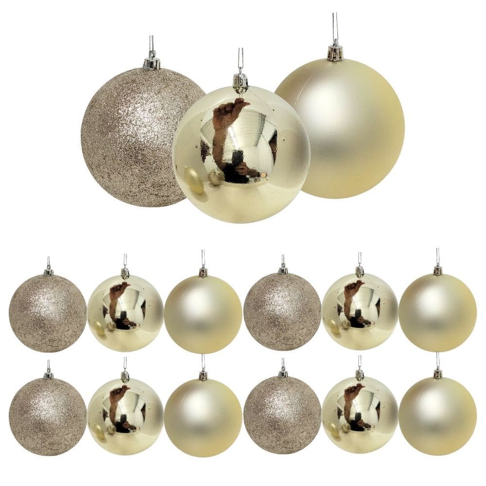 Conjunto 12 Bolas de Natal Champanhe Prime Texturas Mistas 6cm Glitter, Brilho e Fosca
