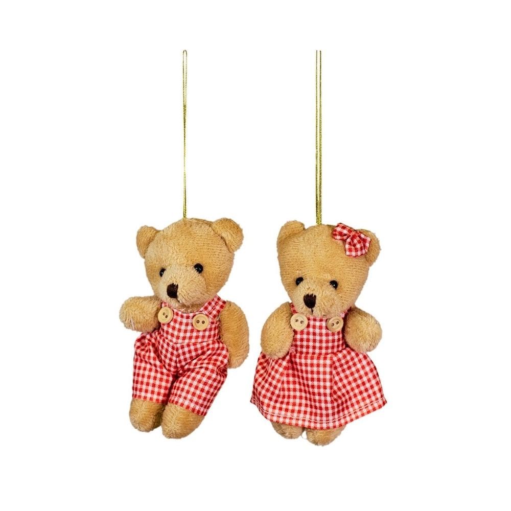 Jogo Ursinho Decorativo Natal Casal Pelúcia Bege Roupa Vermelho Xadrez 12cm