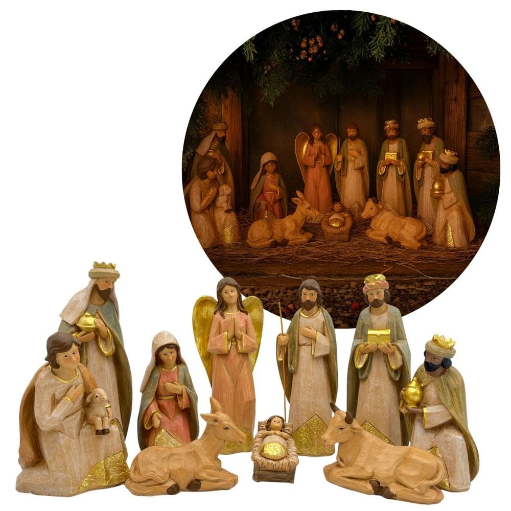 Presépio Natalino Poliresina Luxo Vintage 10 Peças Tipo Esculpido em Pedra 18cm