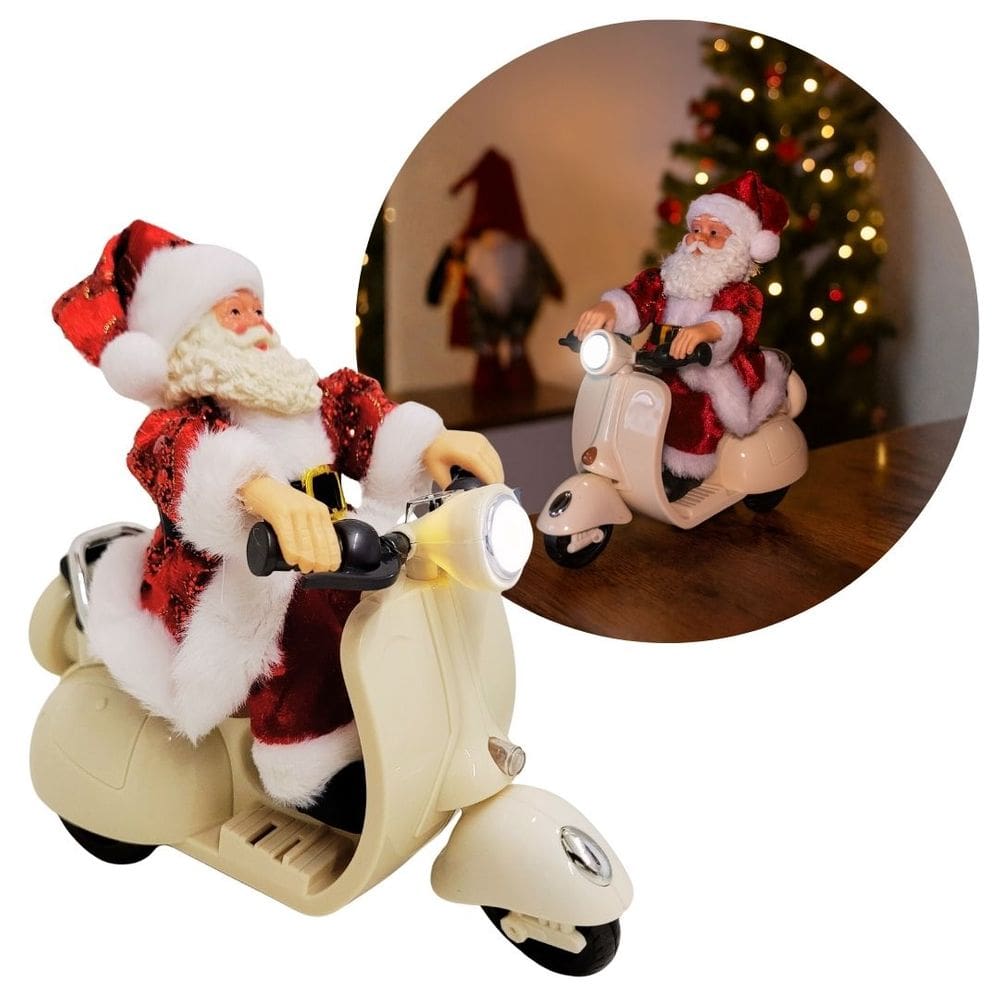 Papai Noel na Lambreta Musical com Luzes e Movimento 20cm Natal Decorativo Premium