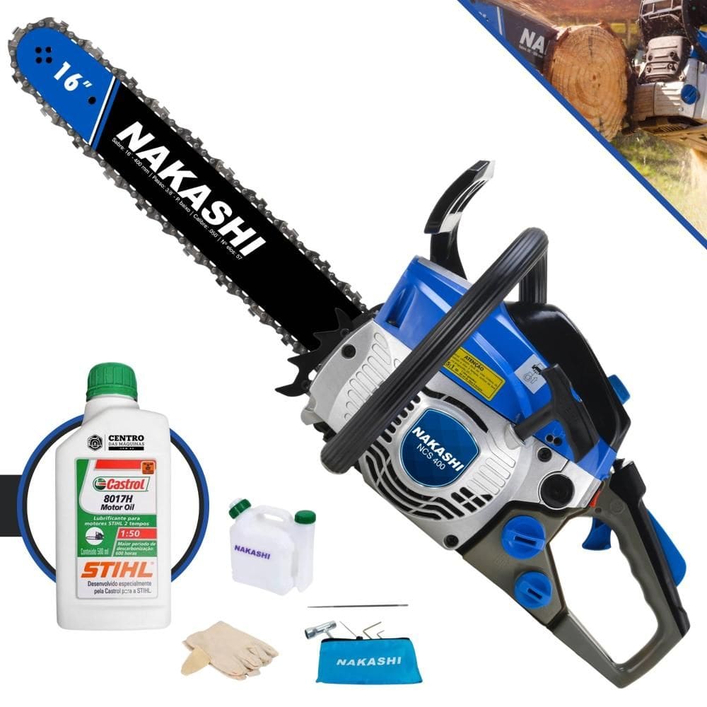 Motosserra À Gasolina Nakashi NCS400 40cc Motor 2T Com Sabre 16’` Corrente 28 Dentes Vela NGK e Carburador Walbro + ÓLEO STIHL 2 TEMPOS