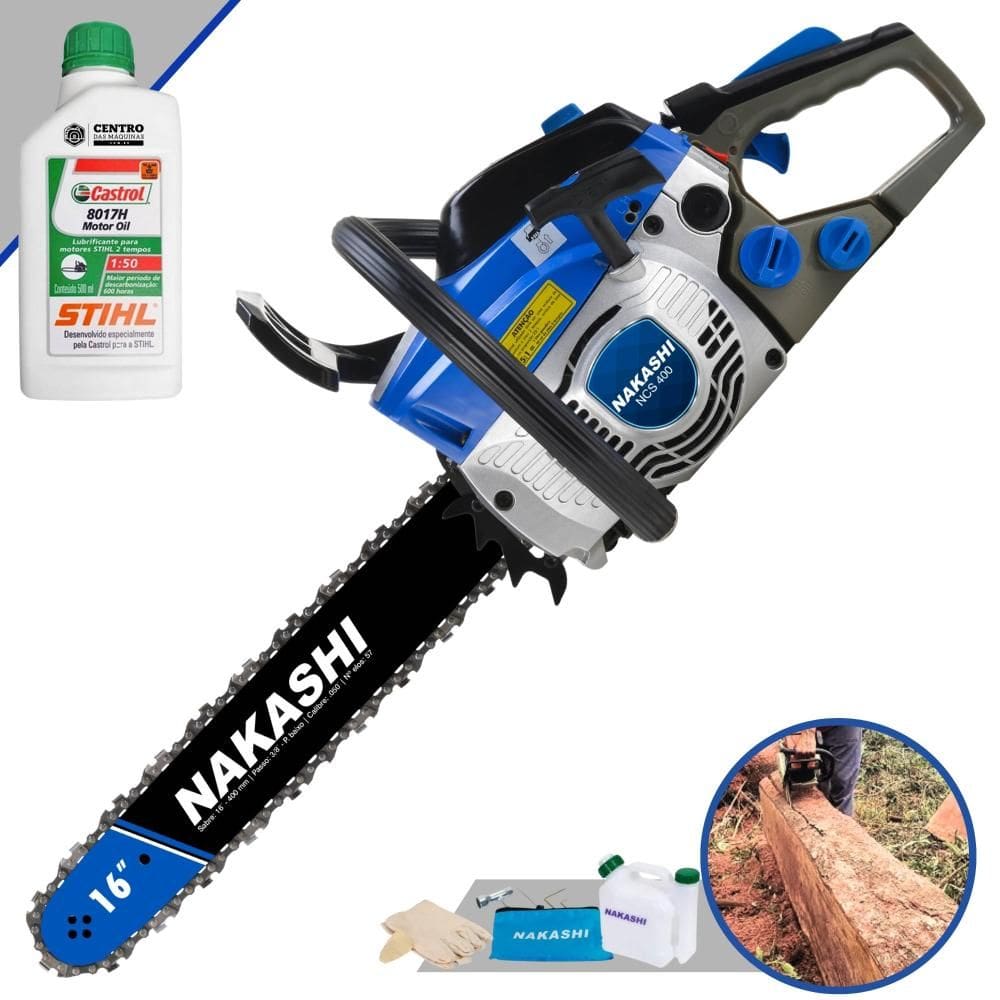 Motosserra Nakashi Profissional NCS-400 À Gasolina 40cc Alta Rotação Com Sabre 16’` Corrente 28 Dentes e Carcaça de Alumínio + ÓLEO STIHL 2T