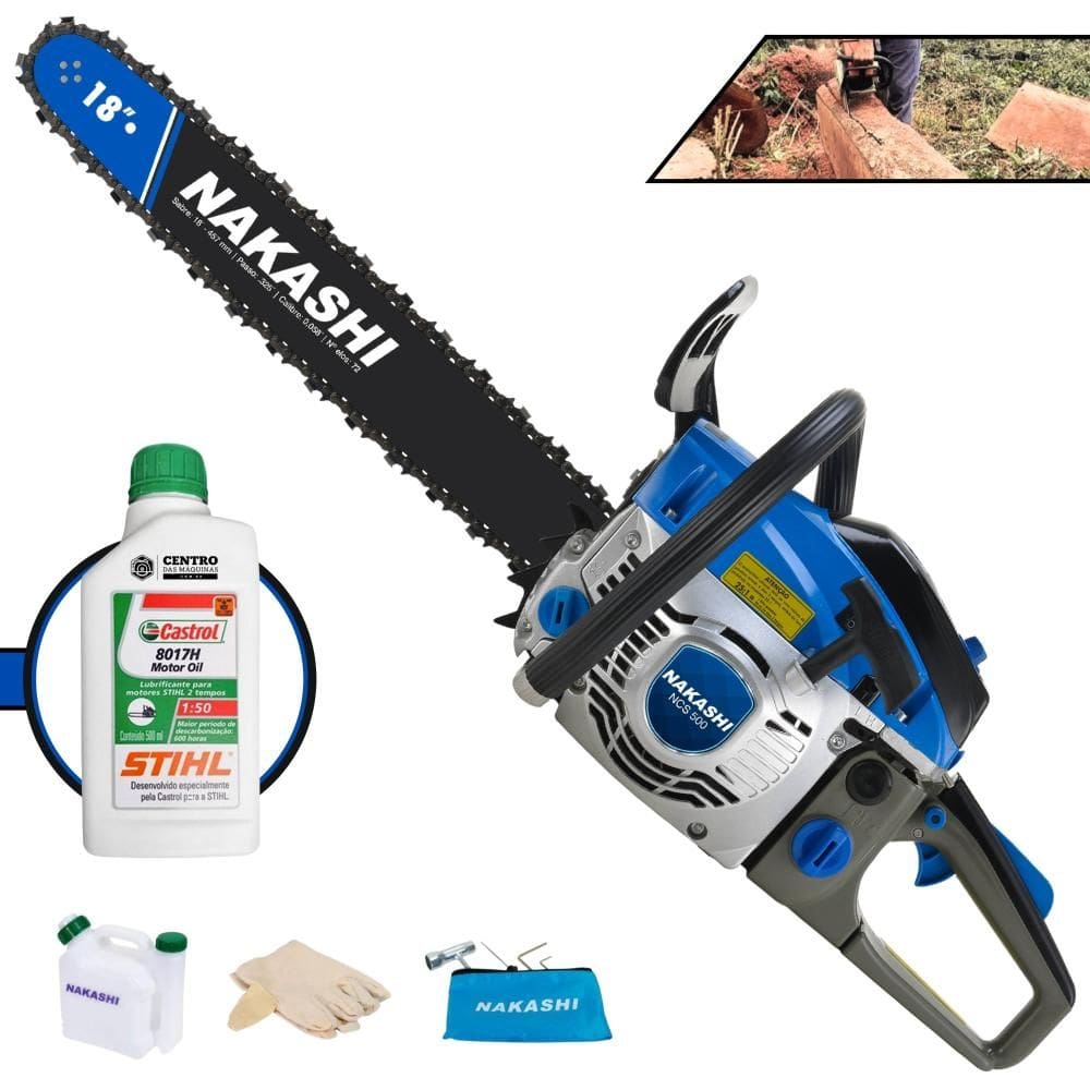 Moto Serra Nakashi NCS-500 À Gasolina 2T 49,3cc Profissional Com Vela NGK, Carburador Walbro e Carcaça de Magnésio, Sabre 18’` + ÓLEO STIHL 2 Tempos