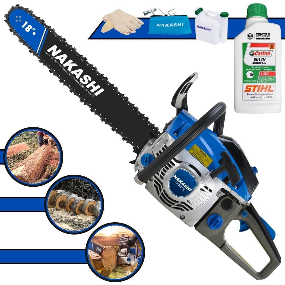 Motosserra Nakashi NCS500 Profissional À Gasolina 49,3cc Alta Potência Com Sabre 18’` Corrente 28 Dentes, Carburador Walbro e Vela NGK + ÓLEO STIHL 2T