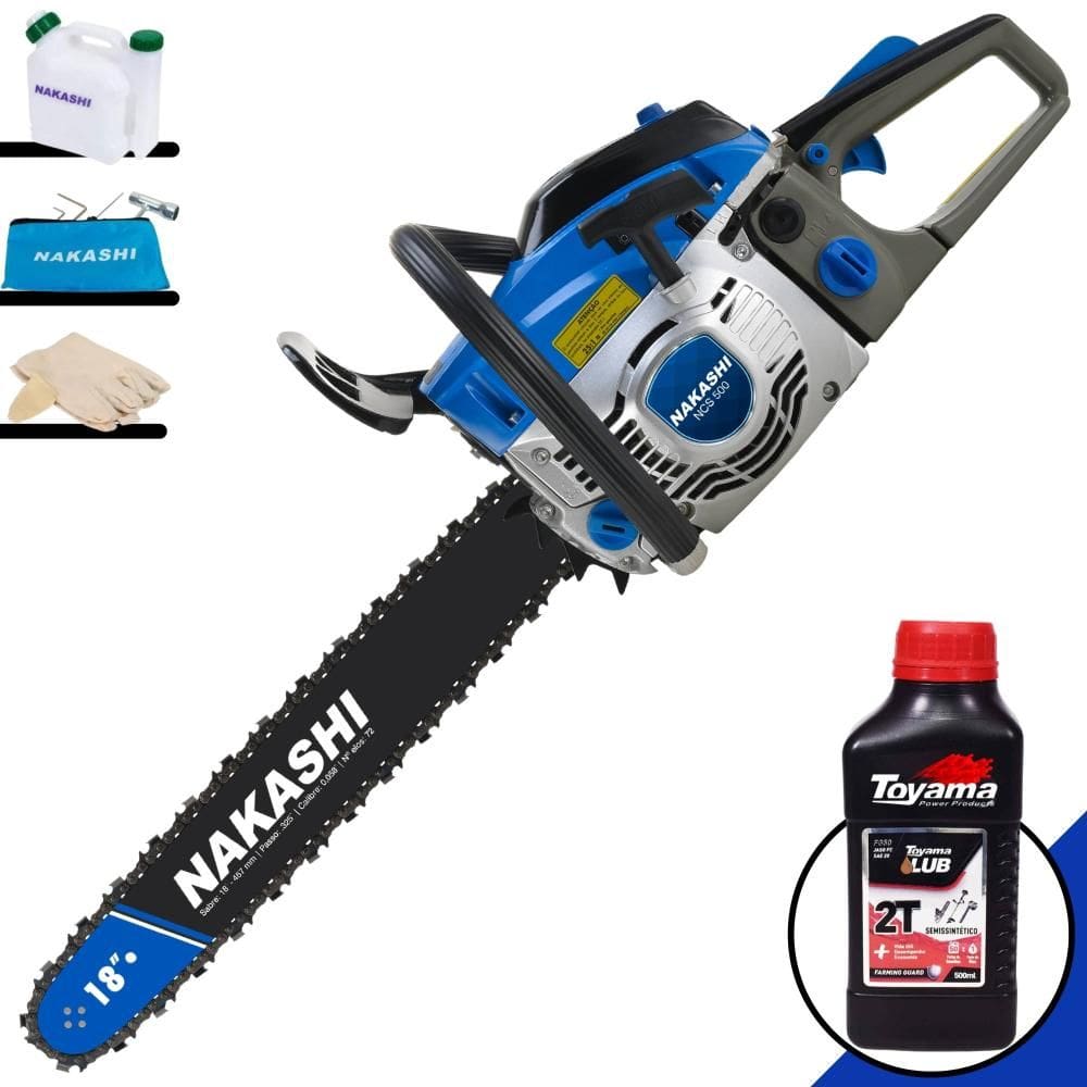 Motor Serra À Gasolina Nakashi NCS500 49,3cc Carburador Walbro e Vela NGK Profissional Com Carcaça de Magnésio e Sabre 18 Polegadas + ÓLEO TOYAMA EXTR