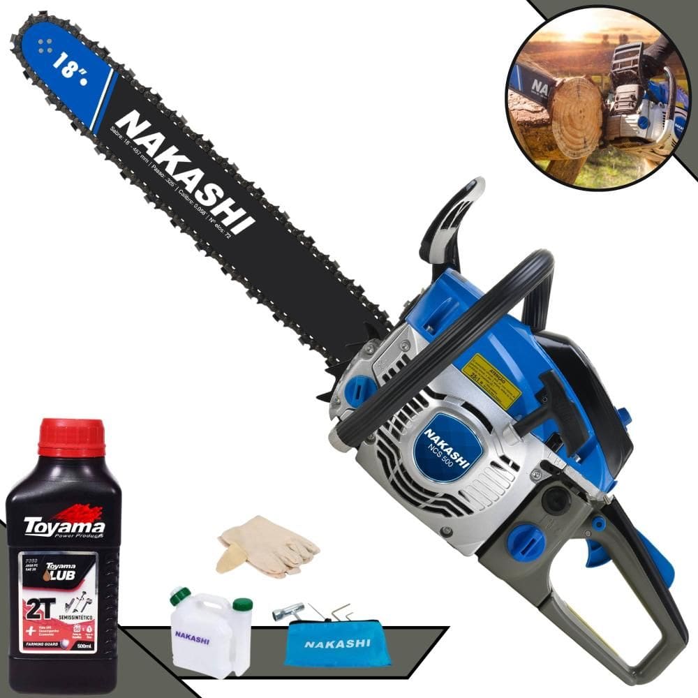 Motosserra À Gasolina Nakashi NCS500 49,3cc Motor 2T Com Sabre 18’` Corrente 28 Dentes Vela NGK e Carburador Walbro + ÓLEO TOYAMA 2 TEMPOS