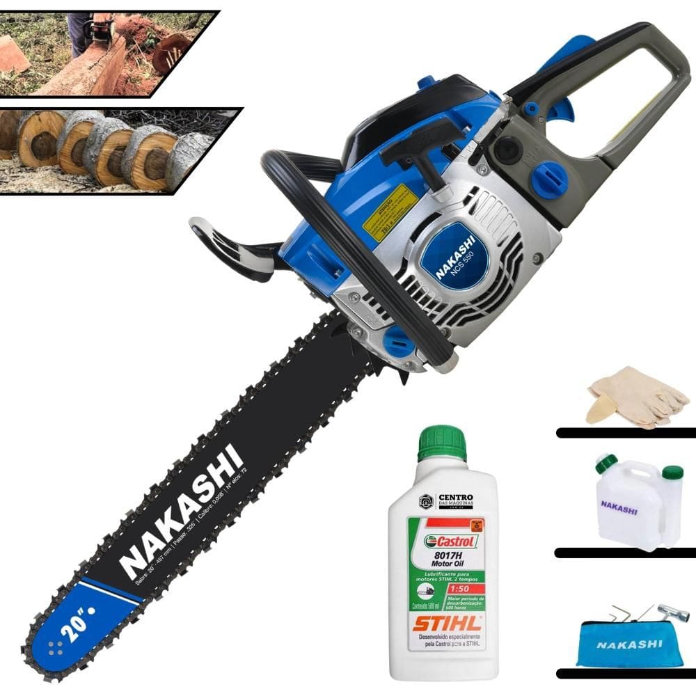 Motosserra Motorserra Motor Serra À Gasolina NCS-550 Nakashi 54,6cc Sabre 20’` Corrente 39 Dentes Com Vela NGK e Carcaça de Magnésio + ÓLEO STIHL 2T