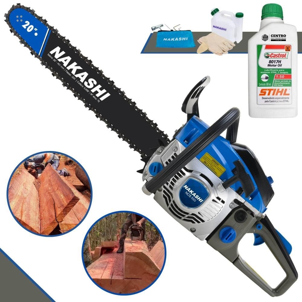 Motosserra Profissional À Gasolina NCS550 Nakashi Motor 2T 54,6cc Alta Rotação Com Vela NGK e Carburador Walbro, Sabre 20’` + ÓLEO STIHL 2T