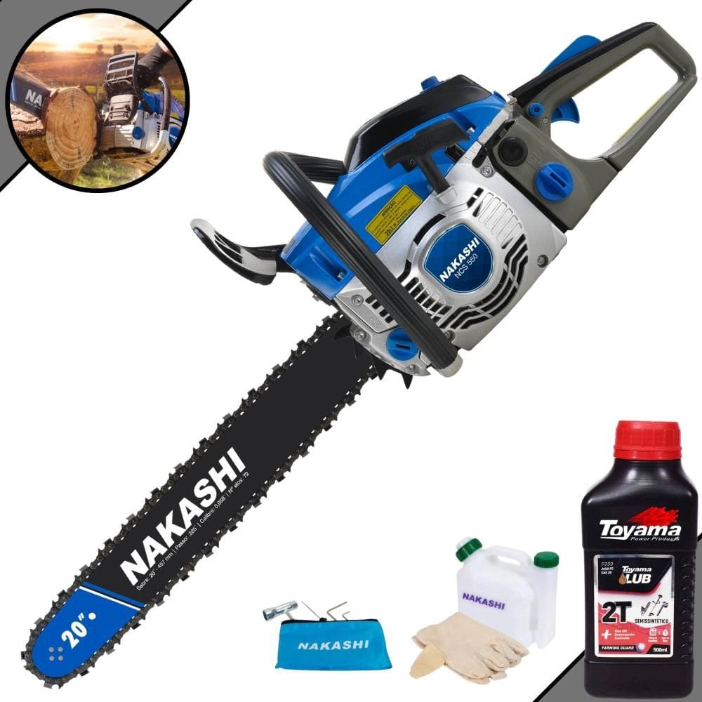 Motosserra Nakashi NCS-550 À Gasolina 54,6cc Alta Potência e Rotação Com Sabre 20’` Corrente 39 Dentes + 1 ÓLEO TOYAMA 2T EXTRA