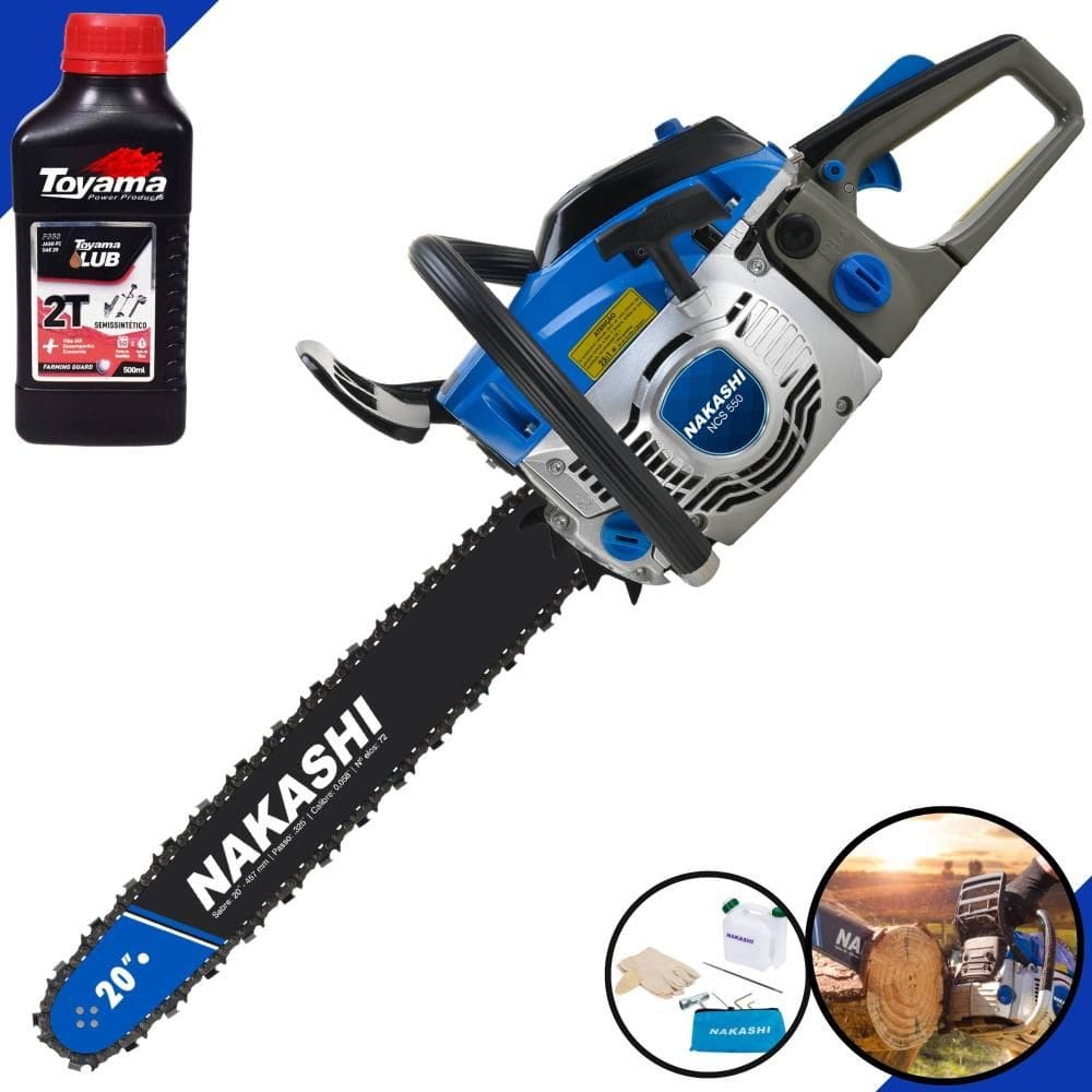 Motosserra À Gasolina Nakashi NCS550 54,6cc Motor 2T Com Sabre 20’` Corrente 39 Dentes Vela NGK e Carburador Walbro + ÓLEO TOYAMA 2 TEMPOS