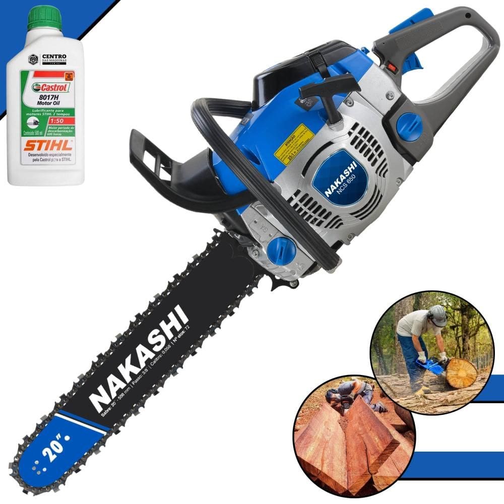 Motosserra À Gasolina Nakashi NCS650 65cc Motor 2T Com Sabre 20’` Corrente 28 Dentes Vela NGK e Carburador Walbro + ÓLEO STIHL 2 TEMPOS