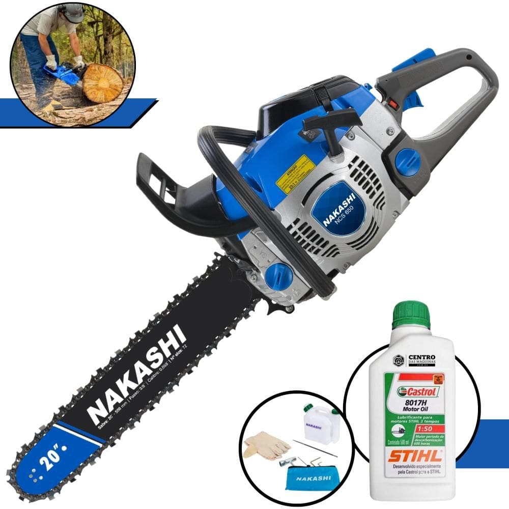 Motosserra Profissional Nakashi NSC-650 À Gasolina Motor 2T 40 Cilindradas Profissional Com Sabre 20 Polegadas e Corrente 28 Dentes + ÓLEO STIHL 2T