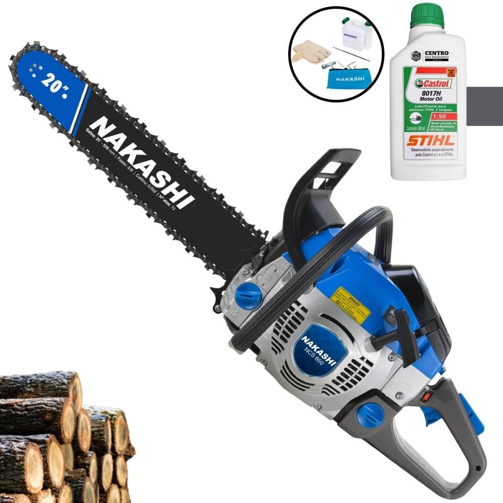 Motor Serra À Gasolina Nakashi NCS650 65cc Carburador Walbro e Vela NGK Profissional Com Carcaça de Magnésio e Sabre 20 Polegadas + ÓLEO STIHL EXTRA