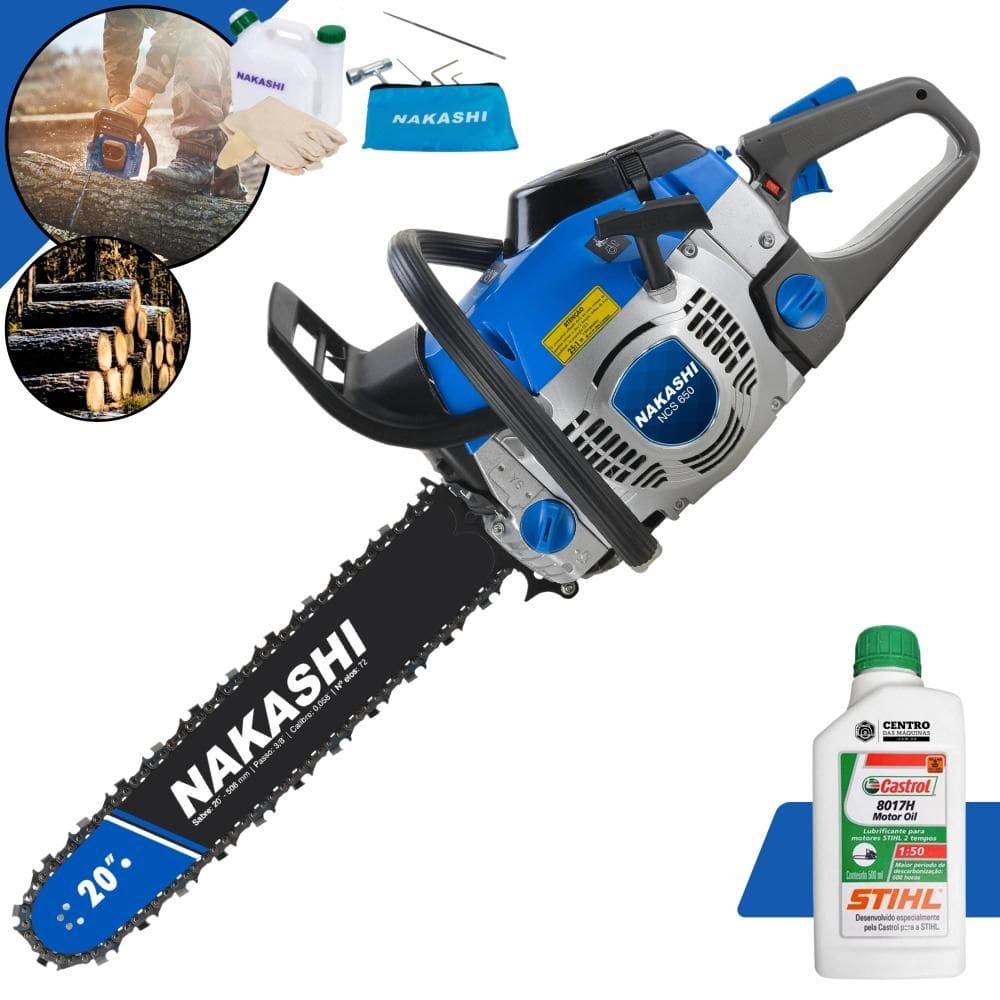 Motosserra Nakashi Profissional NCS-650 À Gasolina 65cc Alta Rotação Com Sabre 20’` Corrente 28 Dentes e Carcaça de Magnésio + ÓLEO STIHL 2T