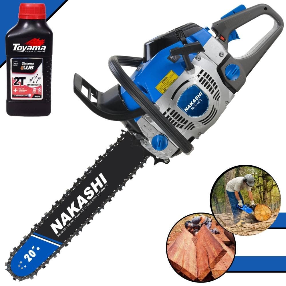 Motosserra Nakashi NCS650 Profissional À Gasolina 65cc Alta Potência Com Sabre 20’` Corrente 28 Dentes, Carburador Walbro e Vela NGK + ÓLEO TOYAMA 2T