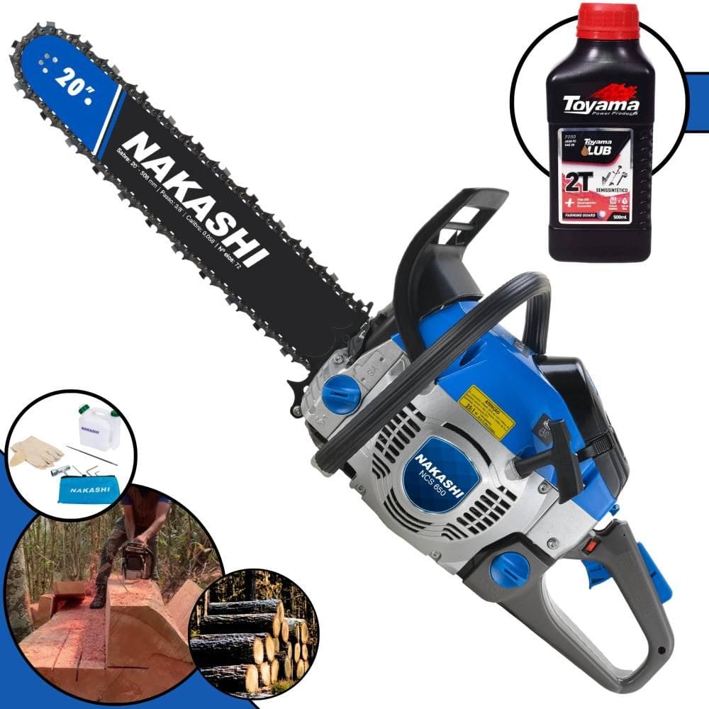 Moto Serra Nakashi NCS-650 À Gasolina 2T 65cc Profissional Com Vela NGK, Carburador Walbro e Carcaça de Magnésio, Sabre 20’` + ÓLEO TOYAMA 2 Tempos