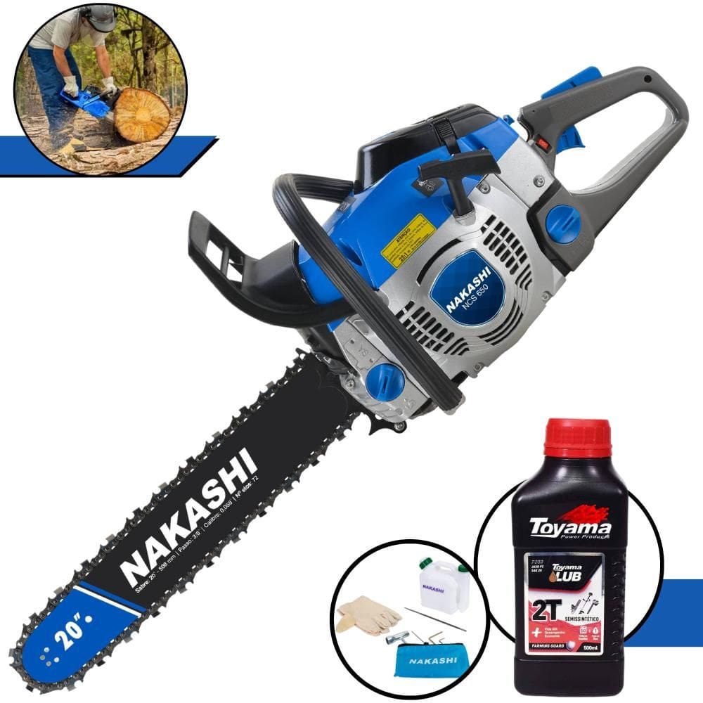 Motosserra Profissional À Gasolina NCS650 Nakashi Motor 2T 65cc Alta Rotação Com Vela NGK e Carburador Walbro, Sabre 20’` + ÓLEO TOYAMA 2T