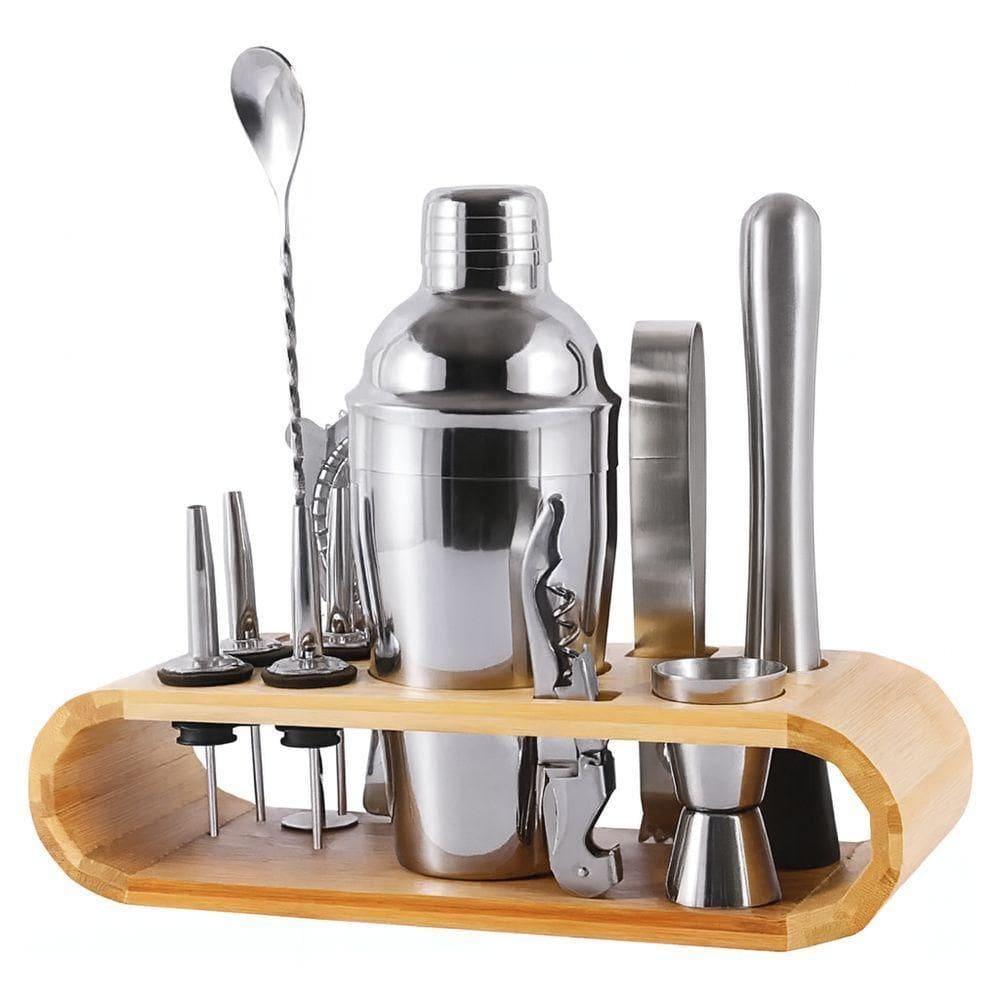 Kit Coqueteleira Profissional Inox 750ml Acessórios Completo Com Suporte Em Bambu Bar E Drinks