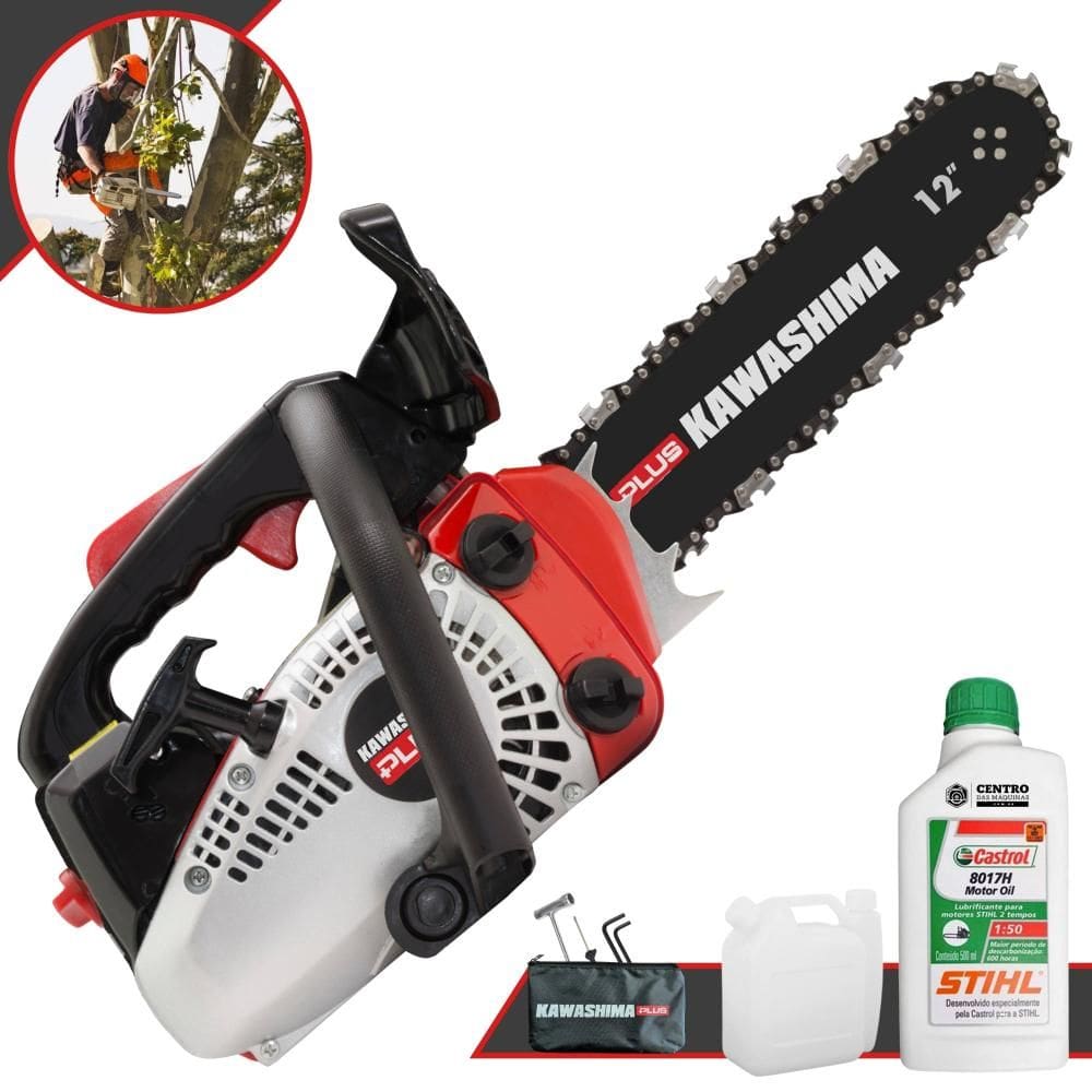 Motor Serra À Gasolina Kawashima KCS-260P Plus Motor 2T 25,4cc de Fácil Manuseio Leve e Ergonômica Motosserra Com Sabre 12’` + ÓLEO STIHL 8017 2T