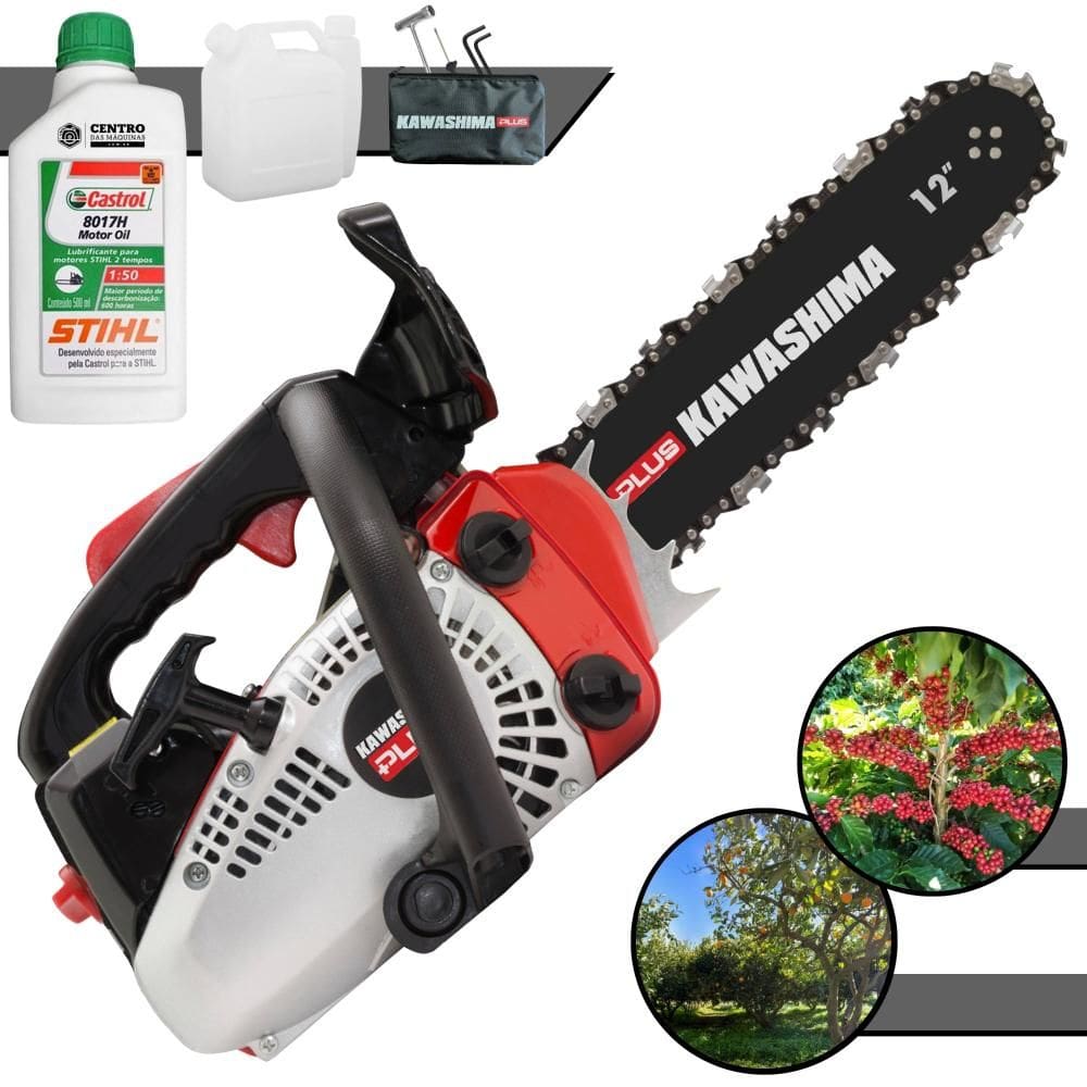 Motosserra Profissional Kawashima KCS260P Plus À Gasolina Motor 2T 25,4cc Com Sabre 12’` e Corrente 22 Dentes Leve e Ergonômica + ÓLEO STIHL 2T