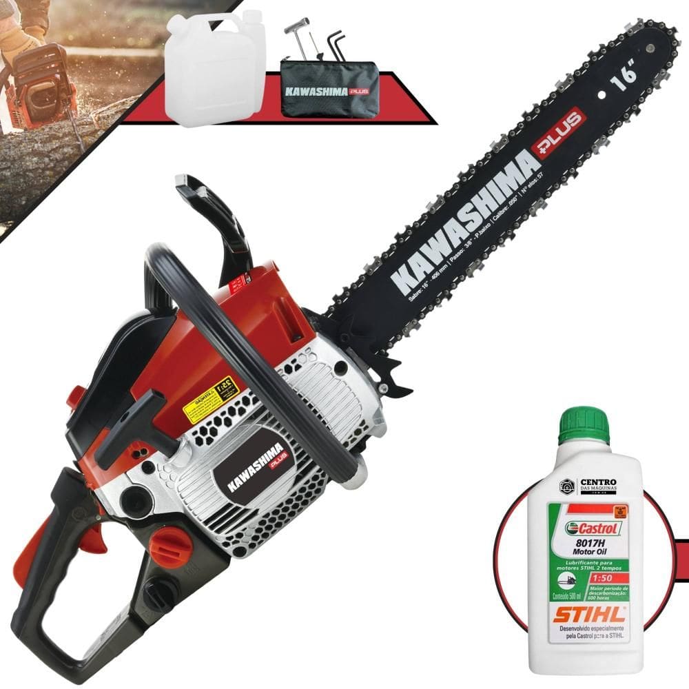 Motosserra Kawashima KCS380-P À Gasolina 2T 37,2cc Profissional Com Carcaça de Alumínio e Sabre 16’` Ideal Para Todos os Trabalhos + ÓLEO STIHL 2T