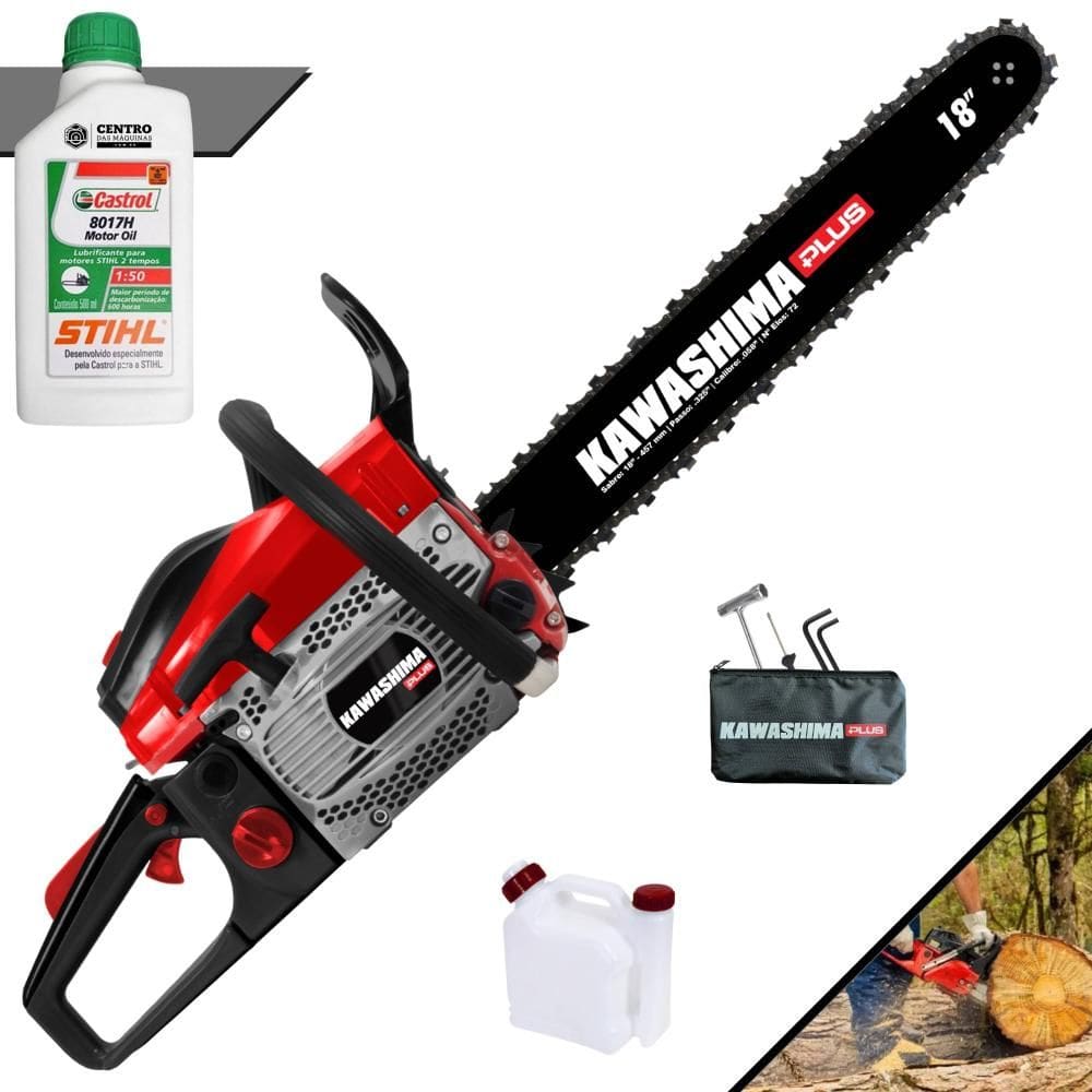 Motosserra Kawashima KCS500-P À Gasolina 2T 49,3cc Profissional Com Carcaça de Magnésio e Sabre 18’` Ideal Para Todos os Trabalhos + ÓLEO STIHL 2T