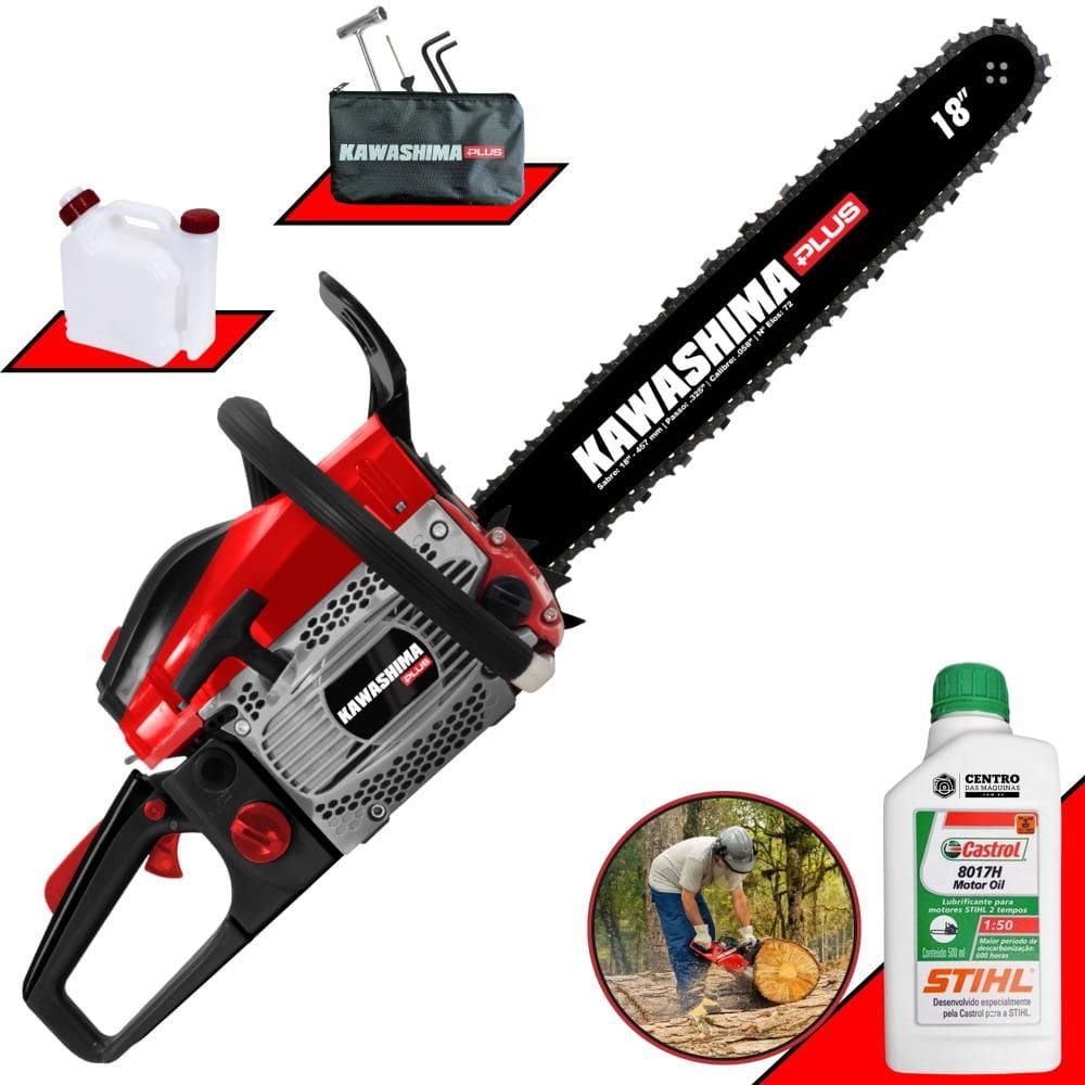 Motosserra Profissional Kawashima KCS 500P À Gasolina 2T 49,3cc Sabre 18 Polegadas Com Sistema Antivibração e Carcaça de Magnésio + ÓLEO STIHL 2T