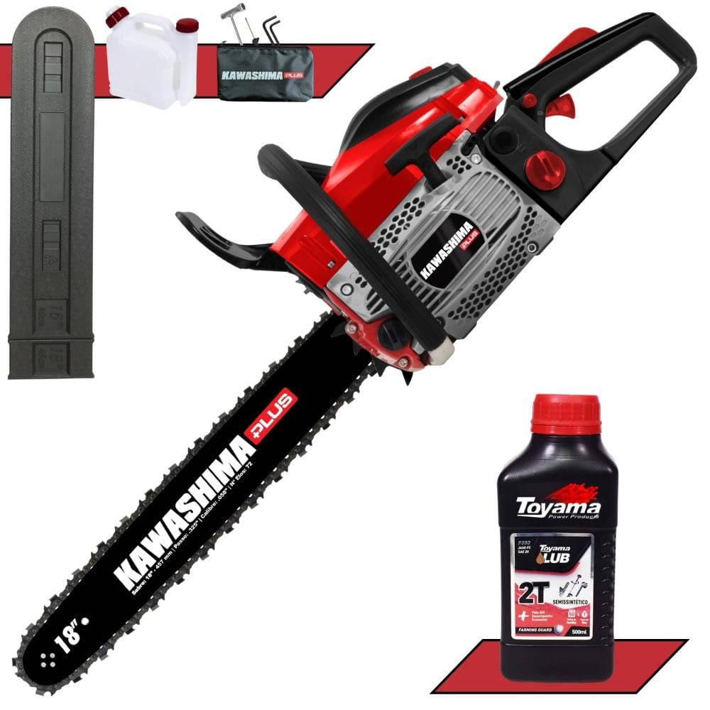 Motosserra À Gasolina Kawashima KCS 500P 49,3cc Alta Potência e Rotação Com Sabre 18’` Sistema Antivibração e Carcaça de Magnésio + ÓLEO TOYAMA FG50