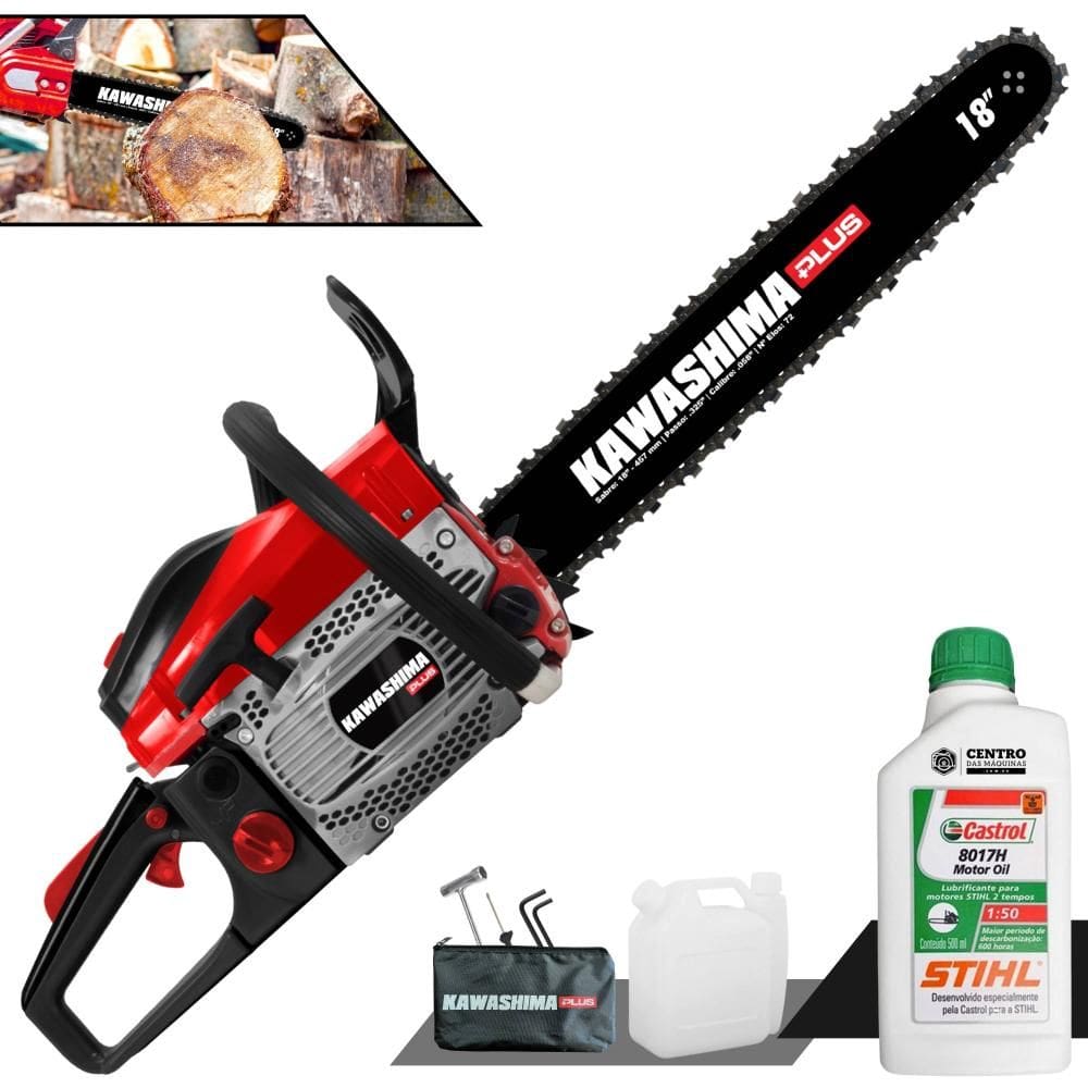 Motor Serra À Gasolina Kawashima KCS550P 54,6cc Alta Potência e Rotação Com Sabre 18’’ Carcaça de Magnésio e Sistema Antivibração + ÓLEO STIHL 2T