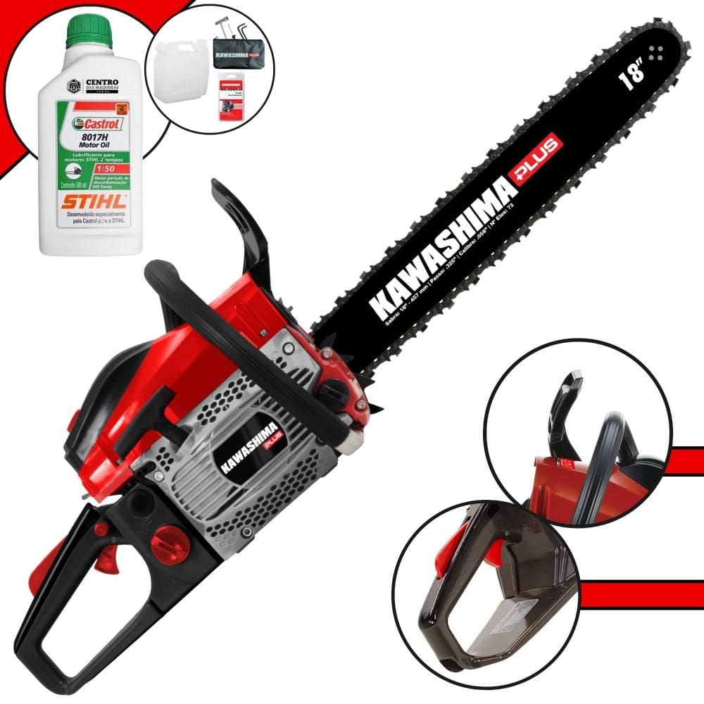 Motorsserra Kawashima KCS550P PLUS À Gasolina Motor 2T 54,6cc de Alta Potência, Rotação e Performance Com Sabre 18 Polegadas + ÓLEO STIHL 8017 EXTRA