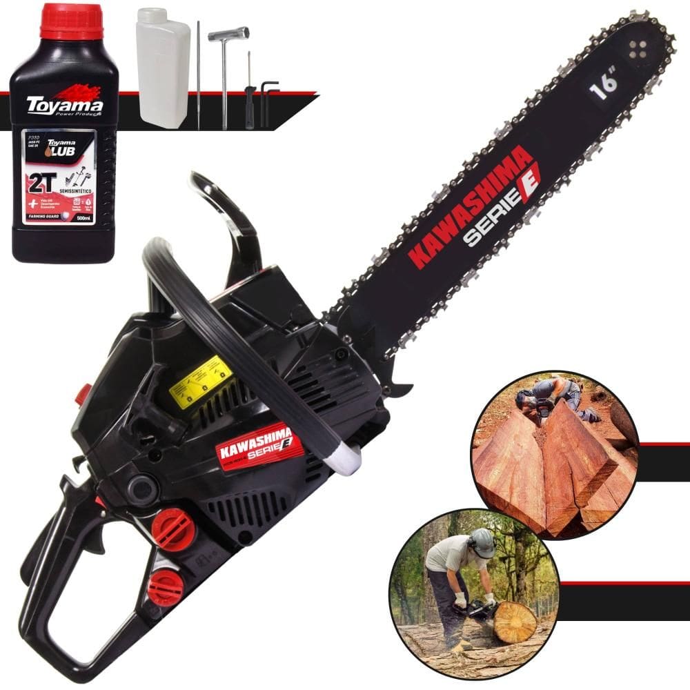 Motorsserra Kawashima KCS400E À Gasolina Motor 2T 37cc de Alta Potência, Rotação e Performance Com Sabre 16 Polegadas + ÓLEO TOYAMA FG50 EXTRA