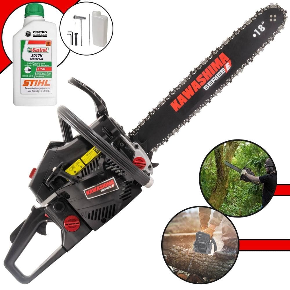 Motor Serra Kawashima KCS-520E À Gasolina 50,8cc Com Sabre 18’` Profissional Com Carcaça de Alumínio Ideal Para Desdobra de Madeira + ÓLEO STIHL 2T