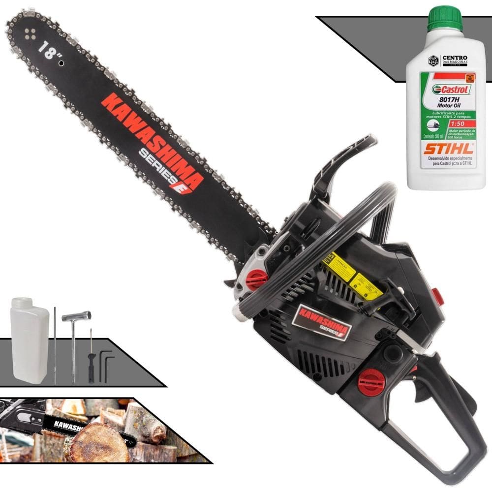 Motosserra Profissional Kawashima KCS 520E À Gasolina 2T 50,8cc Alta Potência e Rotação Ideal Para Corte de Árvores e Lenha + ÓLEO STIHL 2T