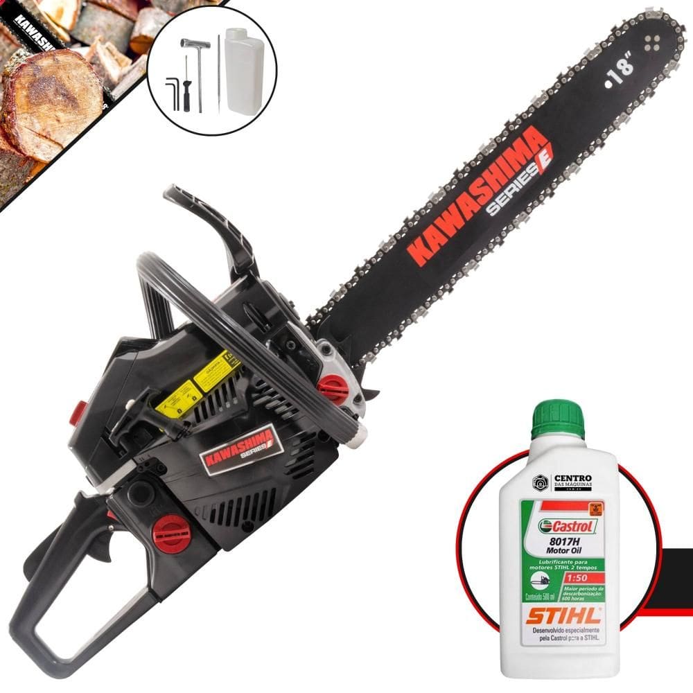 Motosserra À Gasolina Kawashima KCS 520E 50,8cc Alta Potência e Rotação Com Sabre 18’` Sistema Antivibração e Carcaça de Alumínio + ÓLEO STIHL 8017